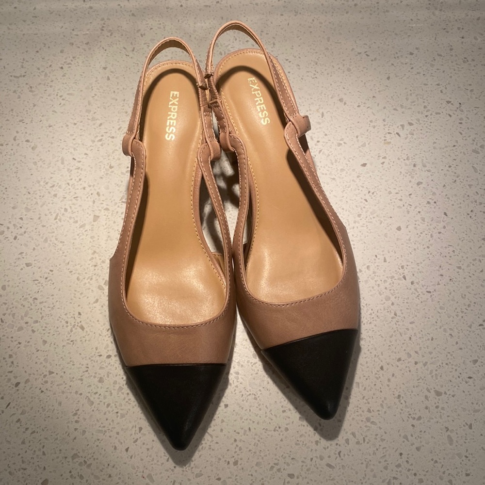 Express Nude and Black color block sling back heels
